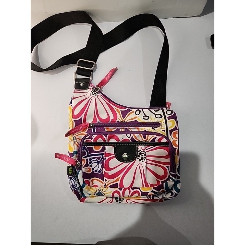 Lily Bloom Hot Pink & Purple Floral Crossbody Shoulder Bag Adj Strap 70s Retro